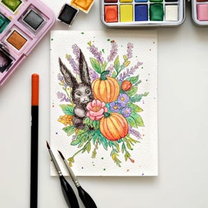 Handgeschilderde aquarel wenskaart, Paaskaart, Pasen x Halloween, "Possessed Bunny", uniek, inclusief envelop