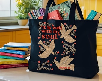Christian Bible Church Bag It Is Well with My Soul Tote for Moms, Religious Carryall, Homeschool Book Lover Gift, Mother&#39;s Day Present,