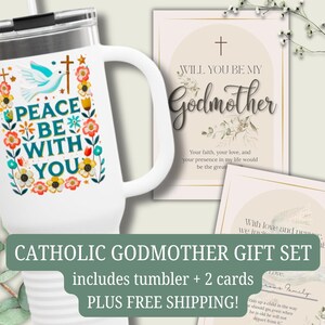 Juego de vasos de regalo para madrinas / Vaso católico de 40 oz "La paz sea contigo" + Tarjetas de propuesta y agradecimiento / Regalo católico para mujeres