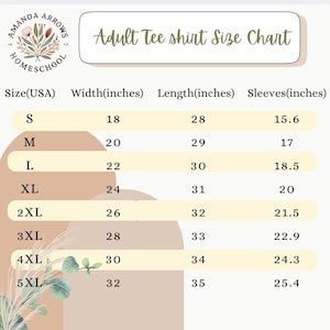 May include: A chart showing adult tee shirt sizes in US sizes, with measurements in inches for width, length, and sleeves.