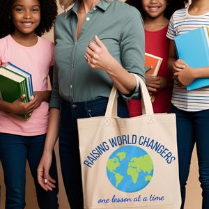 May include: A beige tote bag with the text "Raising World Changers one lesson at a time" and a blue globe with green continents. Three children are holding books in the background.