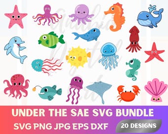 Paquete de imágenes prediseñadas SVG de animales marinos (descarga digital)