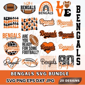 Könnte beinhalten: Eine digitale Sammlung von 20 Bengals Football-Designs in Orange, Schwarz und Weiß. Die Grafiken zeigen Footballs, Herzen, Regenbögen und welligen Text, darunter Bengals, Go Bengals und Are You Ready For Some Football? in verschiedenen Schriftarten.