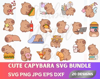 Paquete de lindos capibaras SVG y PNG, colección de capibaras, imágenes prediseñadas de capibaras para siluetas de Cricut, corte láser, vectores EPS y DXF, animales kawaii