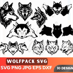 Puede incluir: Una colección de diez diseños de lobos en blanco y negro en varias poses. Los diseños incluyen perfiles de lobos, vistas frontales y grupos de lobos. El texto "WOLFPACK SVG" se muestra con opciones de tipo de archivo.