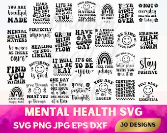 Pakiet SVG dotyczący zdrowia psychicznego, inspirujące cytaty, miłość do siebie (pliki cyfrowe)