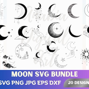 Maan Svg, Moon Star Svg, wassende maan Svg, maan Svg Png bundel, Floral Moon Svg, mystieke maan Svg, nachtelijke hemel Svg, Mystic Celestial Svg