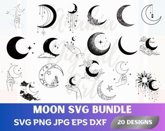 May include: A collection of 20 moon-themed SVG designs in black and white. The designs include crescent moons with stars, clouds, floral accents, and hands. The text "MOON SVG BUNDLE" is displayed at the bottom.