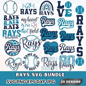 Könnte beinhalten: Eine digitale Sammlung von 20 Baseball-Grafikdesigns mit dem Wort Rays in verschiedenen blauen und marineblauen Schriftarten, die Baseballs, Herzen, Regenbögen und Tiermuster enthalten, mit dem Text Rays SVG Bundle SVG PNG EPS DXF JPG.