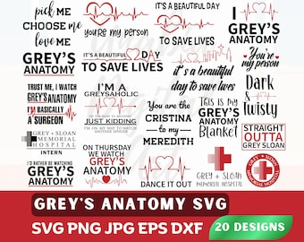 以下が含まれることがあります： 黒と赤でデザインされた、20個のGrey's Anatomy SVGデザインのコレクションです。「Pick Me, Choose Me, Love Me」、「You're My Person」、「It's a Beautiful Day to Save Lives」などのフレーズが含まれています。画像には「Grey's Anatomy SVG」というテキストとファイルタイプ情報も含まれています。