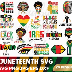 May include: A collection of 20 digital designs celebrating Juneteenth, a holiday commemorating the emancipation of enslaved African Americans. The designs feature various text elements, including "Juneteenth 1865", "Black History", "Black Girl Magic", and "Celebrate Freedom", along with images of a fist, a heart, and an eye.