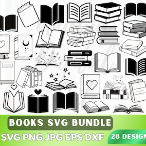 Puede incluir: Una colección de 28 diseños de libros en blanco y negro en formatos SVG, PNG, JPG, EPS y DXF. Las ilustraciones incluyen libros abiertos y cerrados, pilas de libros y libros con corazones y estrellas.