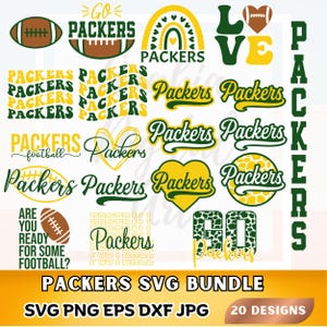 May include: A collection of Green Bay Packers-themed SVG designs. The designs include footballs, the word "Packers" in various fonts, a rainbow, and the words "Love" and "Go". The bundle includes 20 designs in SVG, PNG, EPS, DXF, and JPG formats.