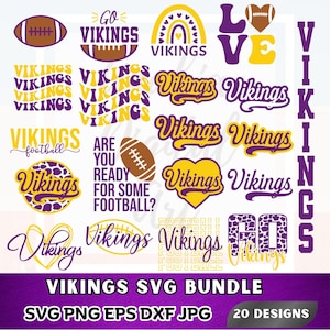 May include: A digital collection of twenty Vikings football-themed graphic designs in purple and yellow. The set includes various text-based logos, football illustrations, heart shapes, and wavy patterns featuring the word Vikings and football phrases.