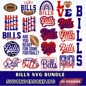 Może przedstawiać: Cyfrowy pakiet projektowy zawierający dwadzieścia ilustracji graficznych z napisem Bills, piłkami do futbolu amerykańskiego, sercami i tęczami w kolorach czerwonym, białym i niebieskim. Kolekcja zawiera różne style typograficzne, wzory i hasła jak Are You Ready For Some Football.