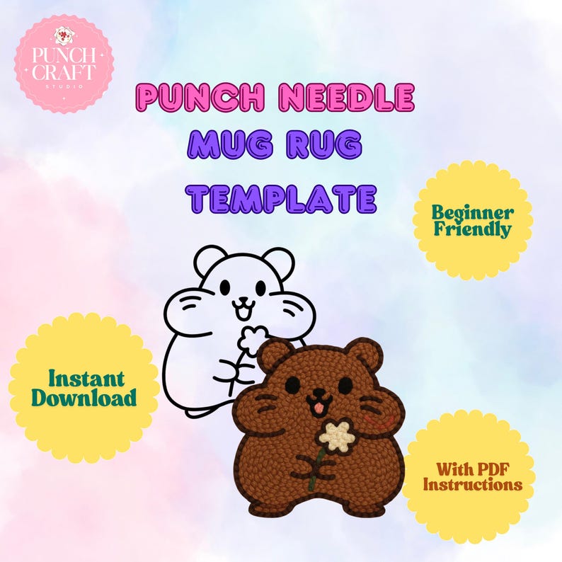 Hamster Rug Beginner Punch Needle Coaster Pattern – Embroidery Mug Rug (PDF ...