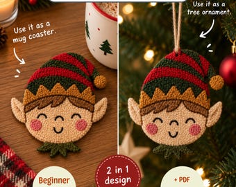 Op de afbeelding: Een punch needle sjabloon met een 2-in-1 ontwerp van een elfengezicht met een rood-groen gestreepte muts, beige huid, roze wangen en puntige oren. De tekst luidt Punch Needle Template, Use it as a mug coaster, Use it as a tree ornament, 2 in 1 design, Beginner Friendly en + PDF Instructions.