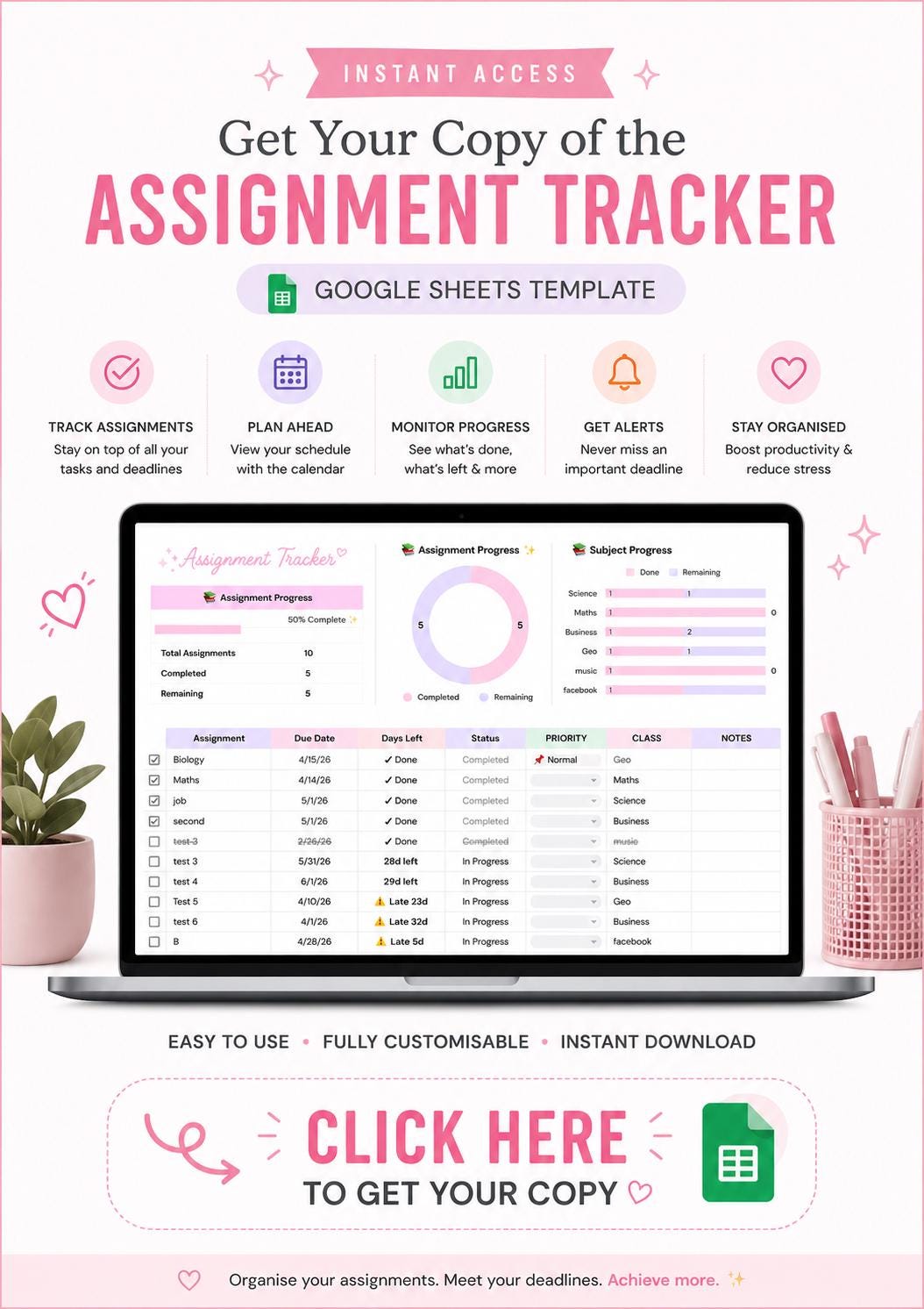 Student Assignment Tracker Google Sheets, Homework Planner, Study ...