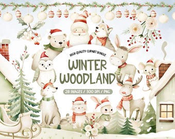 May include: A digital clipart bundle featuring watercolor illustrations of winter woodland animals, including a polar bear, owl, wolf, deer, and bunny, all wearing festive hats and scarves. The text "Winter Woodland" is displayed prominently.