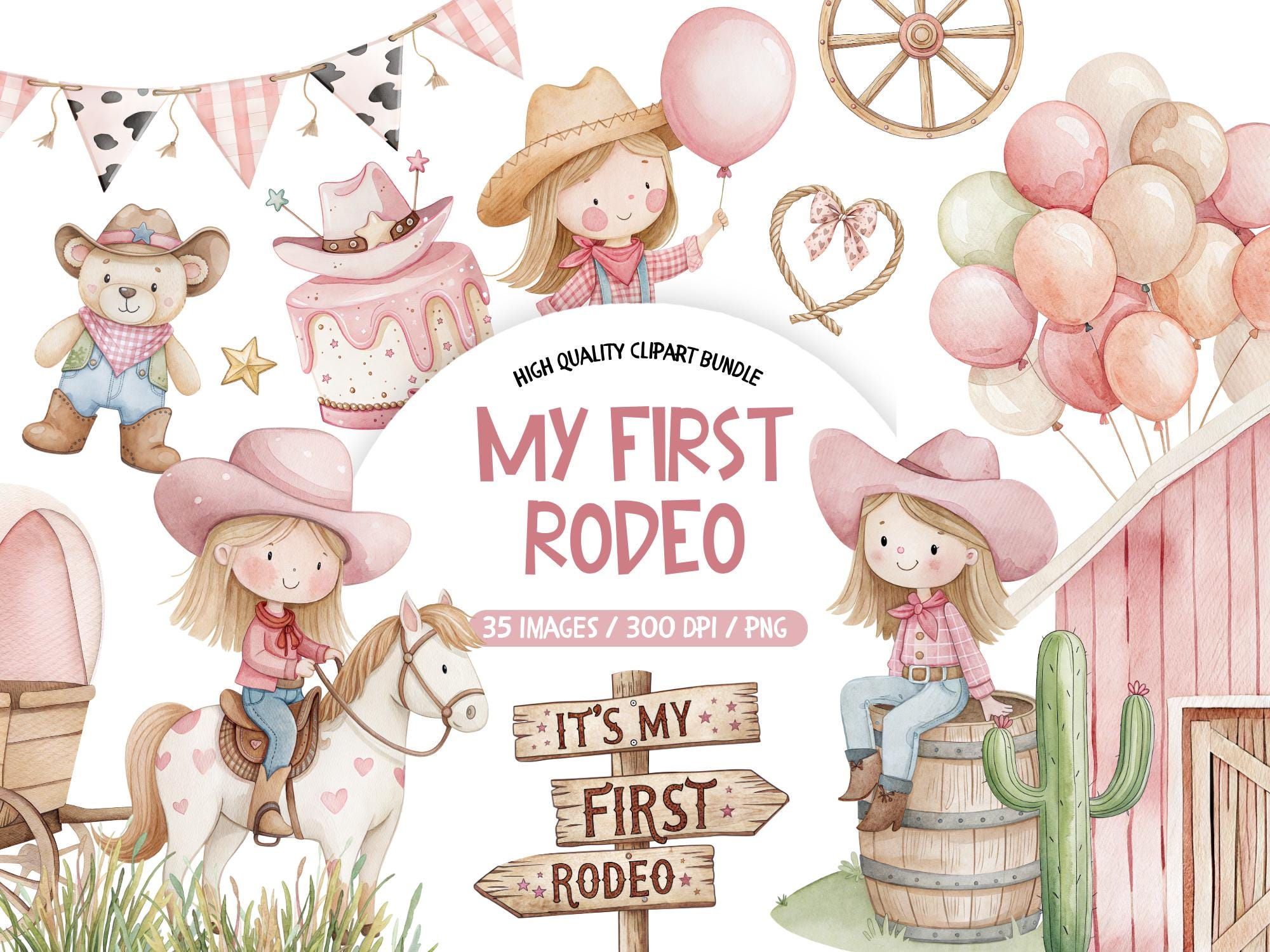 My First Rodeo Clipart, Cowgirl Birthday Clipart, Pink Rodeo Watercolor Clipart, Wild Western Baby Shower PNG, Cute Cowgirl Clip Art