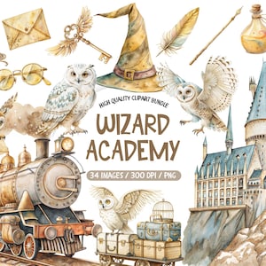 May include: Watercolor clipart bundle featuring a wizard academy theme. Includes illustrations of owls, a train, a castle, a wizard hat, a key, a wand, and other magical elements. The text "Wizard Academy" is displayed.