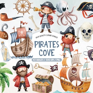 May include: Watercolor clipart bundle featuring pirate-themed illustrations. Includes pirate ships, treasure chests, skull and crossbones, pirate characters, and other nautical elements. The text "Pirates Cove" is also included.