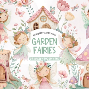 Pastel Fairy Garden Clipart, Little Fairy Png Bundle,Watercolor Fairy Clipart Bundle, Cute Fairies Clipart, Whimsical Fairies Clipart