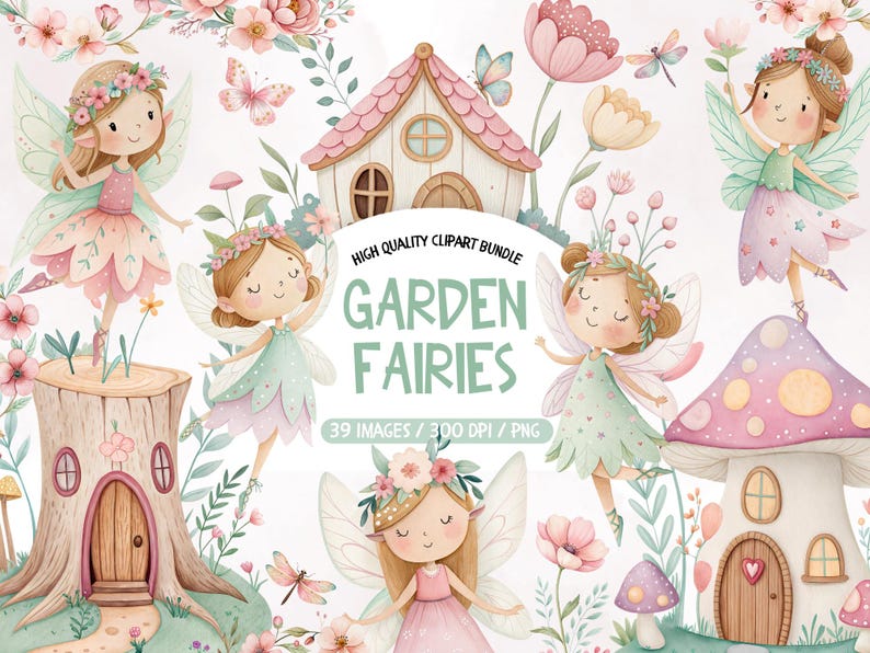 May include: Watercolor clipart bundle featuring garden fairies, flowers, and fairy houses. The image includes several fairies with wings, floral crowns, and dresses in pastel colors. Text reads "Garden Fairies".