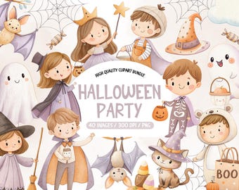 Cute Halloween Clipart, Trick or Treat Clipart, Kids Costume Party PNG Bundle, Halloween Illustrations Bundle, Spooktacular Commercial Use