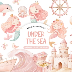 Watercolor Mermaid Clipart, Cute Pastel Pink Clip Art, Under The Sea Girl&#39;s Party Clipart, Nursery Commercial Use PNG, Kids Nautical Clipart