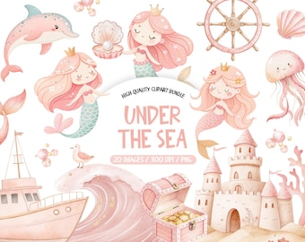 Clipart di sirena ad acquerello, sotto il mare, PNG per bambini (uso commerciale)