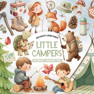 Könnte beinhalten: Aquarell-Illustration mit Camping-Motiven. Enthält ein Zelt, eine Gitarre, ein Lagerfeuer, einen Bären, einen Fuchs, eine Schildkröte und Kinder. Der Text "Little Campers" wird angezeigt. Ideal für digitale Kunstprojekte und Bastelarbeiten.