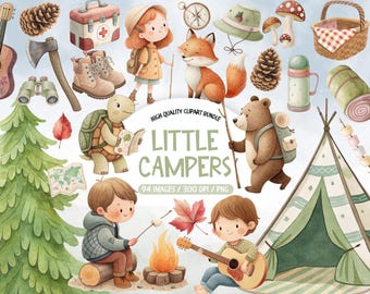 Adventure Camping Clipart Bundle – Little Camper and Forest Nature Elements (PNG Pack)