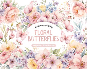 Watercolor Pink Butterfly Clip Art, Floral Butterfly Clipart, Butterflies Clipart, Watercolor Clip Art Butterflies, Butterfly Floral Png