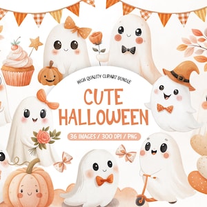 Może przedstawiać: Kolekcja uroczych clipartów o tematyce Halloween. Obraz przedstawia urocze kreskówkowe duszki z kokardkami, dyniami i innymi świątecznymi elementami. Tekst "Cute Halloween" jest wyraźnie widoczny.
