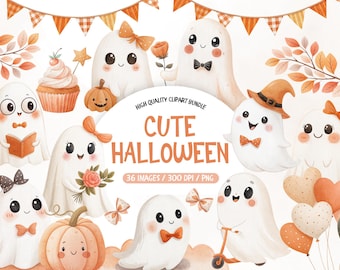 Cute Halloween Clipart, Cute Ghost PNG Bundle, Spooky Halloween Clip Art, Watercolor Ghost PNG, Spooky Season Clipart, Fall Birthday Clipart