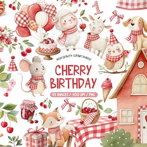 Peut inclure: Ensemble de cliparts aquarelle sur le thème de l'anniversaire de cerises. Comprend des illustrations d'animaux, une maison, un gâteau, des ballons et le texte "CHERRY BIRTHDAY". Les images sont rouges, blanches et roses.