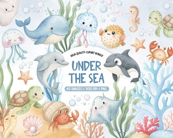 May include: Watercolor illustration of various sea creatures, including a whale, dolphin, jellyfish, seahorse, turtle, and crab. The text "UNDER THE SEA" is displayed with the words "HIGH QUALITY CLIPART BUNDLE" above it. The image has a light blue and green color scheme.