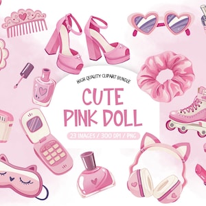 Fashion Doll Clip Art, Pink Doll Clipart, Fashion Doll Png, Pink Dolls Fashion Clipart, Pretty Doll Clipart Pink, Whimsical Doll Clipart