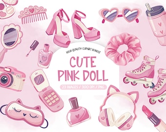 Pink Fashion Doll Clipart, Girly Graphics (PNG)