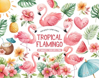 Paquete de imágenes prediseñadas de flamencos tropicales en acuarela: gráficos de verano para la playa y la habitación infantil (PNG para uso comercial)
