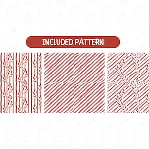 May include: Three watercolor patterns in shades of red and white. The patterns include vertical stripes with leaf accents, diagonal stripes, and a combination of stripes and leaves. The text "INCLUDED PATTERN" is in a red rectangle.