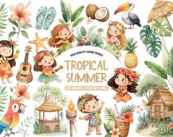 Watercolor Tropical Hawaii Clipart – Summer Beach and Island Life Graphics (Digital PNG)