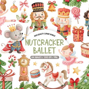 May include: A digital clipart collection featuring watercolour illustrations of Nutcracker ballet characters, including a mouse king, ballerinas, nutcracker soldiers, a rocking horse, Christmas trees, gifts, a clock, and drums with the text Nutcracker Ballet.
