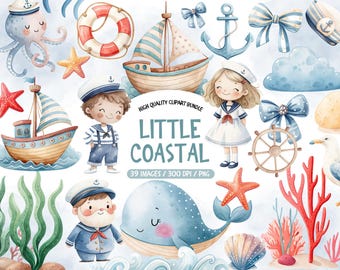 Nautical Coastal Clipart Bundle – Summer Ocean and Marine Theme Nursery Art (Digital Download)