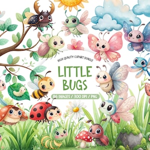 May include: A vibrant digital illustration showcasing cartoon bugs such as butterflies, ladybirds, and bees, set amidst grass, leaves, and a sun. The text "LITTLE BUGS" is displayed. The image is a high-quality clipart bundle.