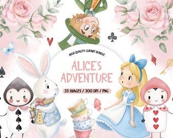Puede incluir: Un paquete de clipart digital con personajes de Alicia en el País de las Maravillas, incluyendo a Alicia, el Sombrerero Loco, el Conejo Blanco y la Reina de Corazones. Las ilustraciones están en estilo acuarela y presentan colores brillantes y detalles caprichosos. El paquete incluye 33 imágenes a 300 DPI en formato PNG.