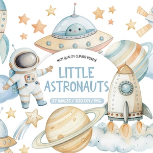 Puede incluir: Conjunto de imágenes prediseñadas de acuarela con ilustraciones temáticas del espacio. Incluye cohetes, planetas, un astronauta, un OVNI con un extraterrestre, estrellas y nubes. El texto dice "Little Astronauts" y "37 Images / 300 DPI / PNG".