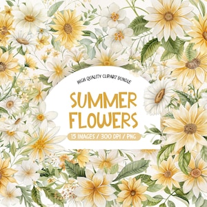 Yellow Flowers Clipart, Bouquet Of Yellow Flowers Png Bundle, Yellow Floral Clipart Watercolor, Summer Flowers Clip Art Set