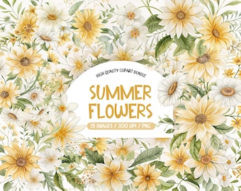 Gula blommor akvarell clipart, sommarblommor PNG-paket (digital nedladdning)
